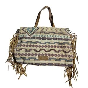 Lucky Brand Santa Fe Fringe Tapestry Shoulder‎ Tote Bag Aztec Southwestern Boho